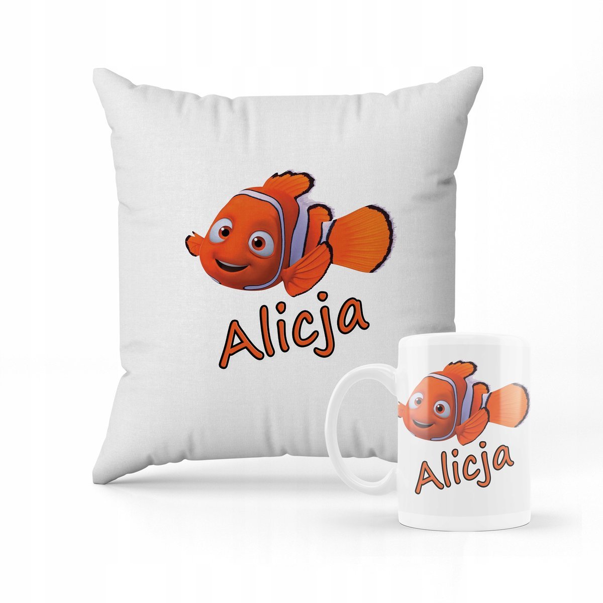 ZESTAW PODUSZKA + KUBEK PREZENT DLA DZIECKA RYBKA NEMO DORY + IMIĘ 6
