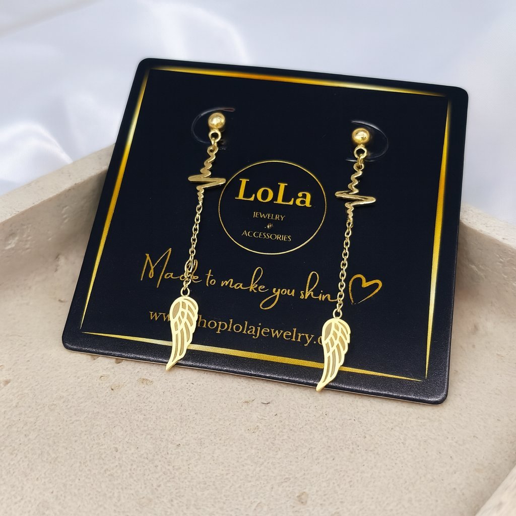 Kolczyki Aura - Złote Skrzydło Anioła Linia Życia EKG Stal Chirurgiczna 5cm