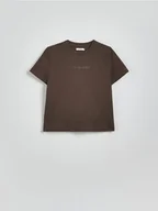 Koszulki i topy damskie - Reserved - Bawełniany t-shirt z nadrukiem - brązowy - miniaturka - grafika 1