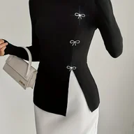 Bluzki damskie - TEMU Bluzka z Długim Rękawem i Rozcięciem, z Akcentem z Cyrkonii - Elegancka, Jednokolorowa, Dopasowana, Pranie w Pralce, Średnio Elastyczna, Idealna - miniaturka - grafika 1