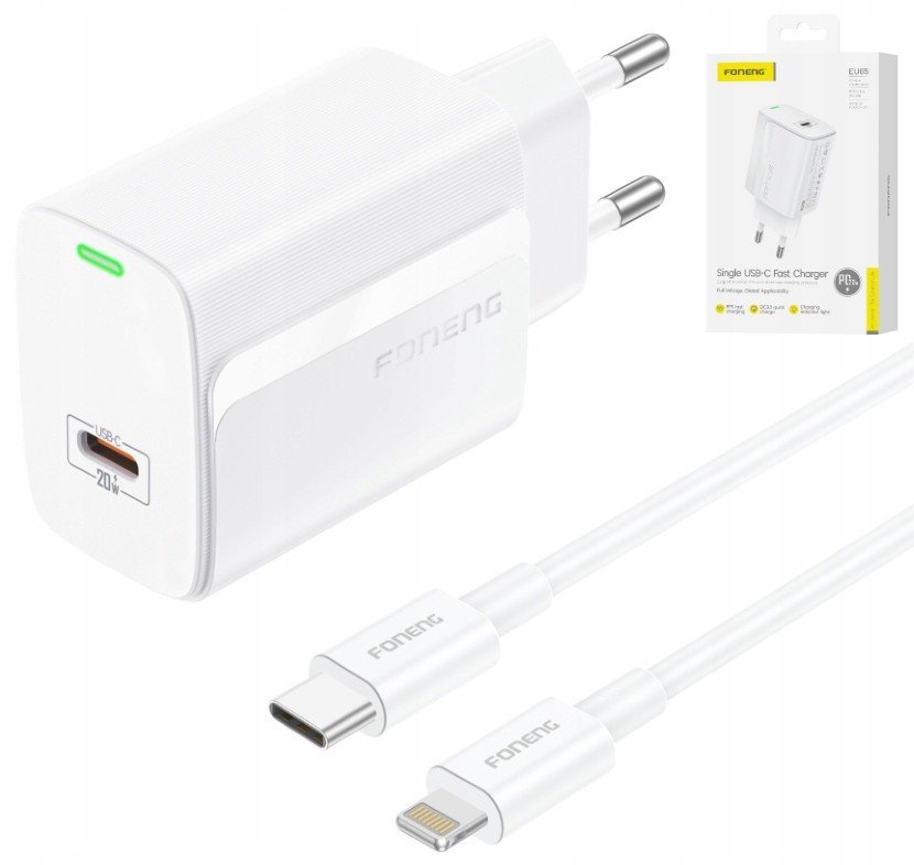 FONENG SZYBKA ŁADOWARKA SIECIOWA TYPE C + KABEL LIGTHING PD20W 3000mA