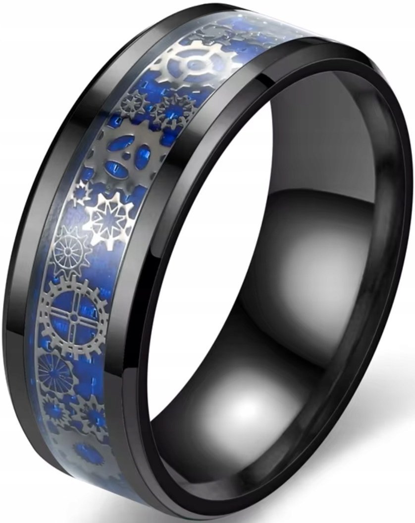 Czarny Pierścień Steampunk Koła Zębate Industrialny Niebieski Szlachetna