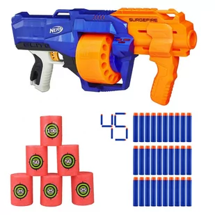 Zestaw Pistolet Nerf N-strike Elite SurgeFire E0011 + 30 strzałek + cele - Zabawki militarne - miniaturka - grafika 1