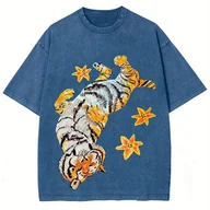 Bluzki damskie - TEMU Koszulka Y2K Retro z Nadrukiem Tygrysa i Gwiazdy - Turkusowy Niebiesko-Oversize Krótki Rękaw, Minimalistyczny Okrągły Dekolt, Luźne Dopasowanie - miniaturka - grafika 1