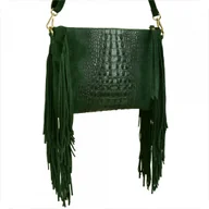 Torebki damskie - Borse in Pelle włoska listonoszka z frędzlami skóra naturalna zieleń butelkowa wzór aligatora - miniaturka - grafika 1