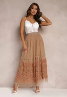 Spódnice - Beżowa Tiulowa Spódnica Maxi z Gumką w Talii Nadelyn - miniaturka - grafika 1
