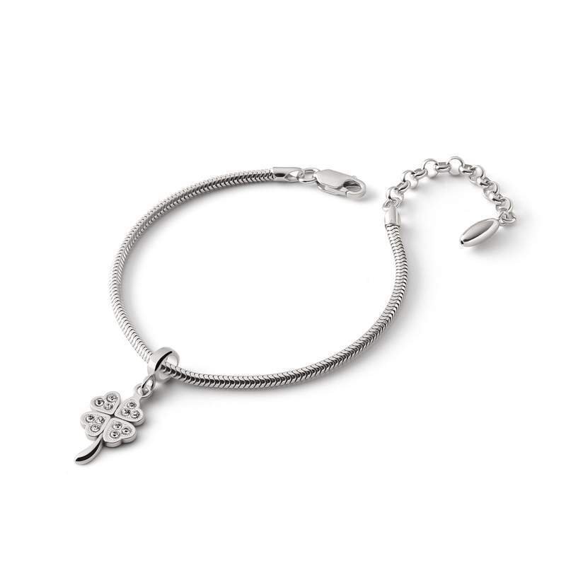 Bransoletka Slim z zawieszką typu beads – koniczynka z cyrkoniami na łodyżce, srebro 925 pokryte platyną