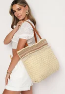 Torebki damskie - Beżowa Torebka Shopperka Wykończona Plecionką i Frędzlami w Stylu Boho Rivaniane - miniaturka - grafika 1