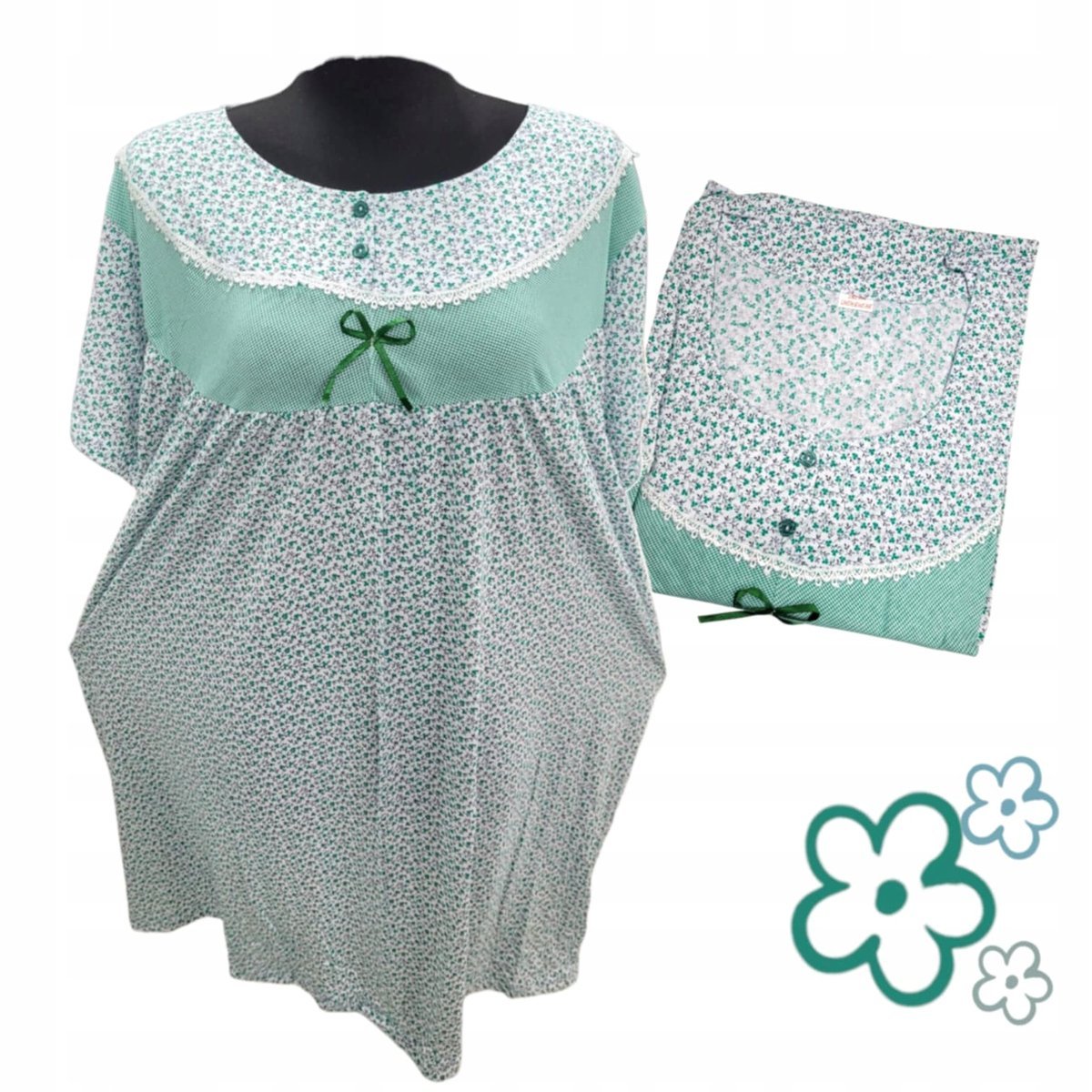 KOSZULA NOCNA BAWEŁNA 100% KWIAT prezent krótki rękaw zielona 54 56 7XL 8XL