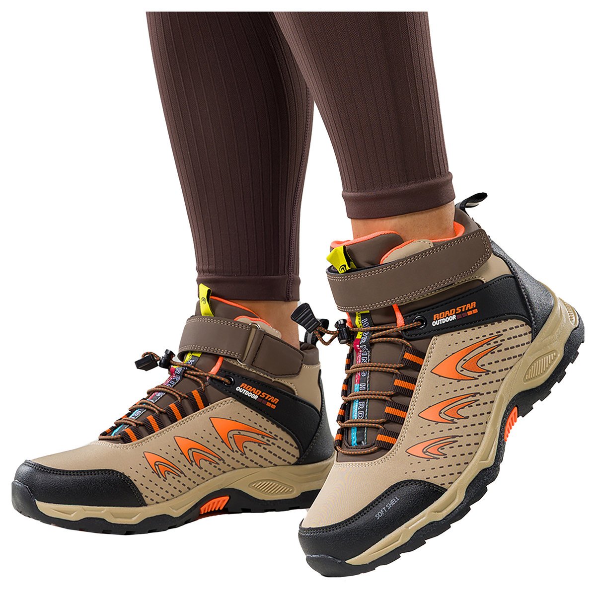 Beżowe buty trekkingowe damskie na bieżnikowanej podeszwie z regulowaną elastyczną sznurówką pomarańczowe wstawki softshell Casu 2310-8W-41