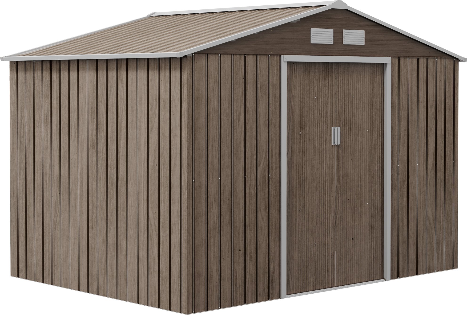 Domek ogrodowy Outsunny 4,9 m², z dachem dwuspadowym, drzwiami przesuwnymi, fundamentem, 277 x 195 x 192 cm, ocynkowany stalowy domek narzędziowy, odporny na warunki atmosferyczne, do ogrodu, brązowy