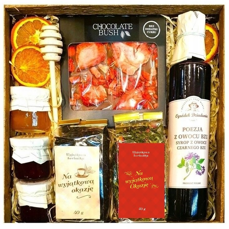 Kosz Prezentowy Upominek Herbata Syrop Czekolada Konfitra Cytryna