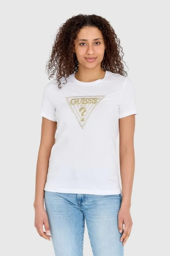 GUESS Biały t-shirt damski ze złotym haftowanym cyrkoniami logo slim fit S