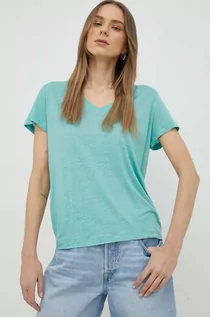 Koszulki sportowe damskie - Lee t-shirt z domieszką lnu kolor zielony - grafika 1