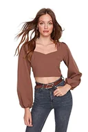 Bluzki damskie - TRENDYOL Damska bluzka z dekoltem w kratkę, jednokolorowe kolory, obcisłe dopasowanie, brązowa, 40, brązowa, 40, brązowa, 40, brązowa, 40, brązowy, 40 - miniaturka - grafika 1