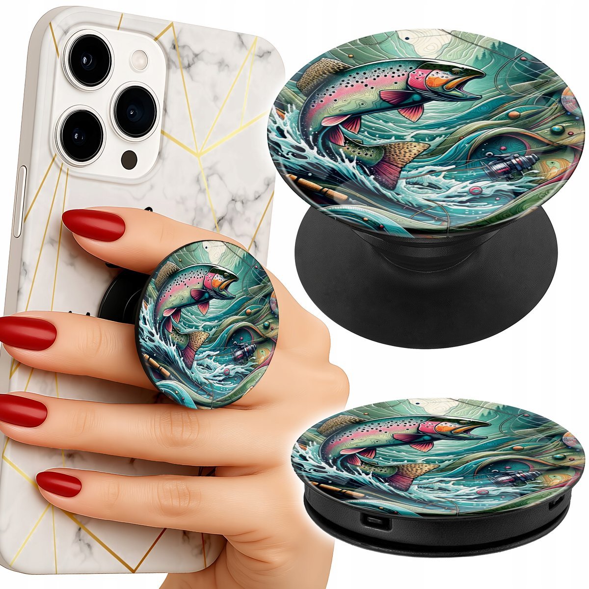 Uchwyt do telefonu Popsocket na palce/stojak WZORY WĘDKARSKIE RYBY WĘDKA