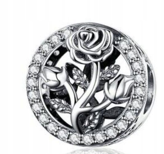 Elegancka Srebrna Zawieszka Ażurowa Bead 925 Z Cyrkoniami Róża 9x13mm 2.73g