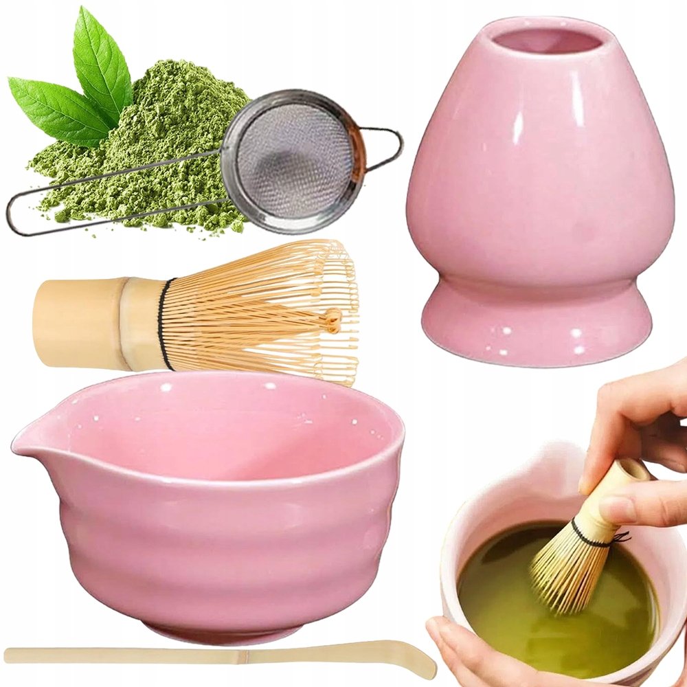 Zestaw Do Matchy Różowy Ceramiczny Komplet Z Bambusowym Uchwytem
