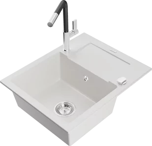 Mexen Enzo zlewozmywak granitowy 1-komorowy z ociekaczem i baterią kuchenną Flora, biały - 6506-20-670401-07 - Zlewozmywaki z baterią - miniaturka - grafika 1