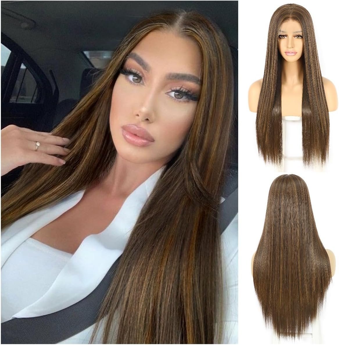 SAPPHIREWIGS Peruka damska, długa, ok. 61 cm ciemny brąz, włókna Kanekalon