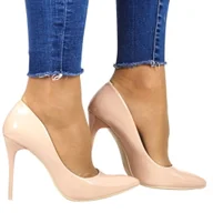 Czółenka - DAMSKIE SZPILKI WYSOKIE CZÓŁENKA COMER AH1 NUDE BEŻOWE LAKIEROWANE - miniaturka - grafika 1