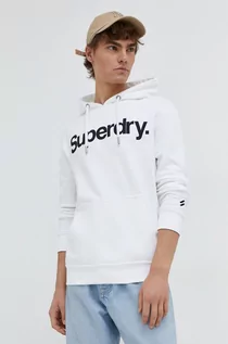 Bluzy męskie - Superdry bluza bawełniana męska kolor beżowy z kapturem z nadrukiem - grafika 1