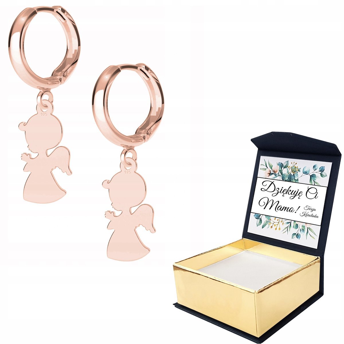 Kolczyki różowe złoto Anioł 925 + WŁASNY NADRUK