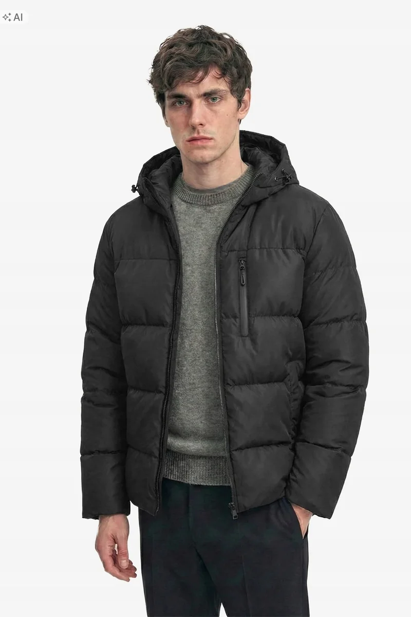 CZARNA PIKOWANA KURTKA MĘSKA Z KAPTUREM SPORTOWA M 5IA