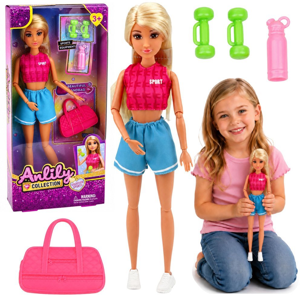 LeanToys Lalka Anlily w Stroju Sportowym Hantle Torba Bidon Akcesoria Zestaw