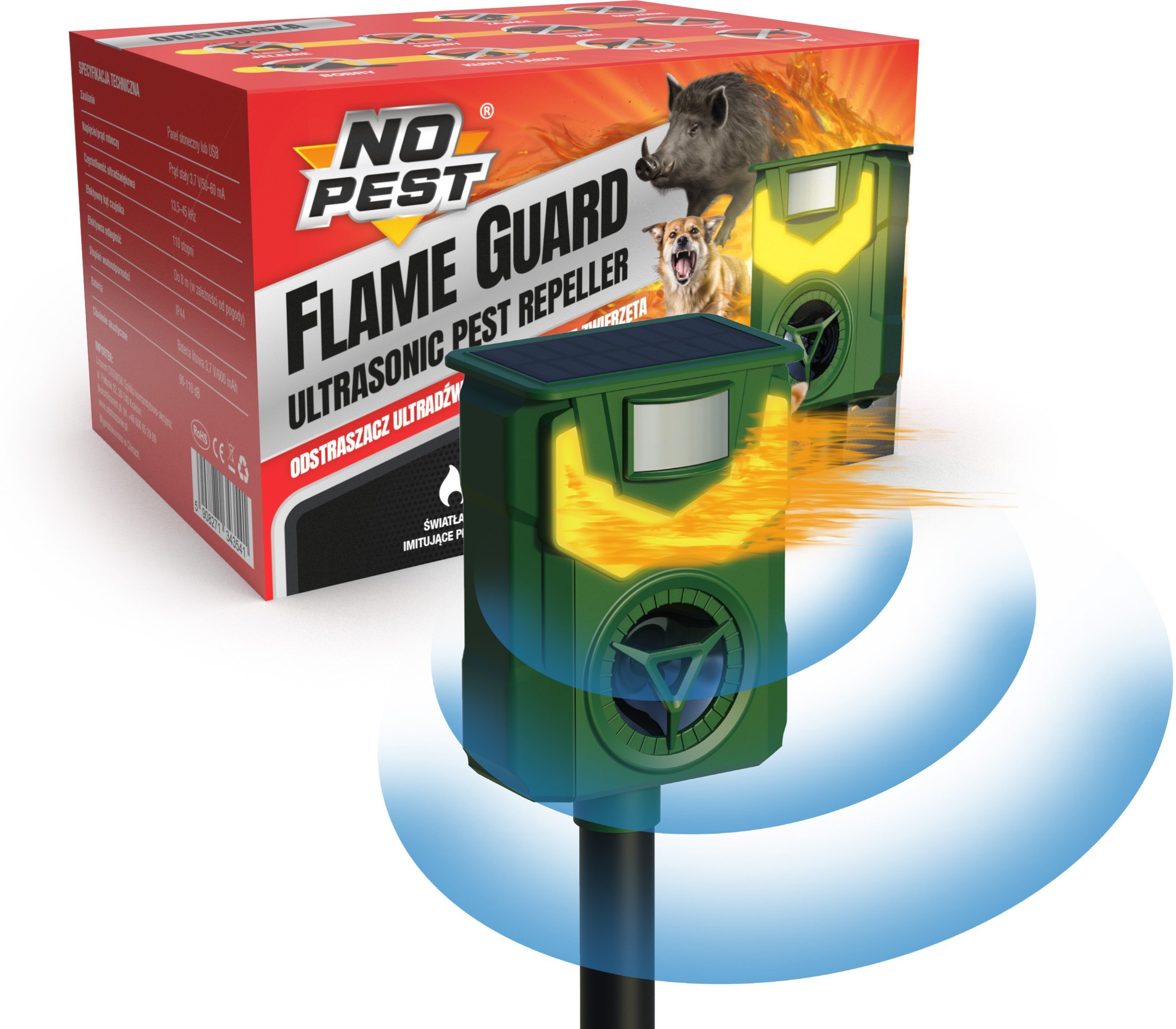 Ultradźwiękowy Solarny Odstraszacz Zwierząt Kotów Psów Kun Lisów Dzików Saren Jeleni Ptaków Flame Guard