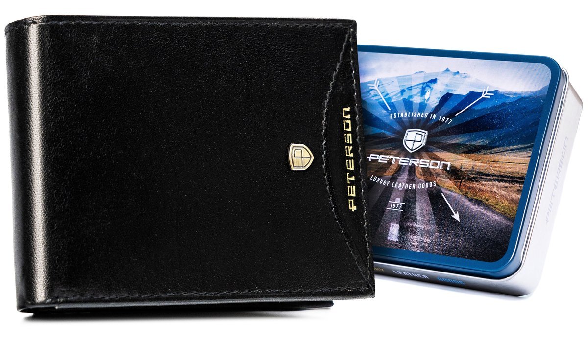 Portfel skórzany męski PETERSON mały bez zapięcia czarny skóra naturalna RFID