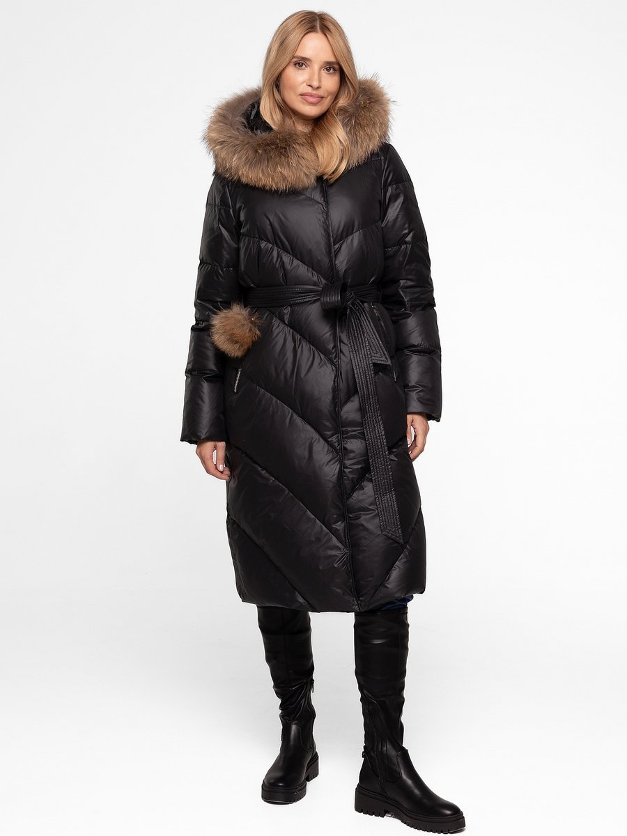 DŁUGI PUCHOWY PŁASZCZ DAMSKI Z FUTREM JENOTA I POMPONEM
