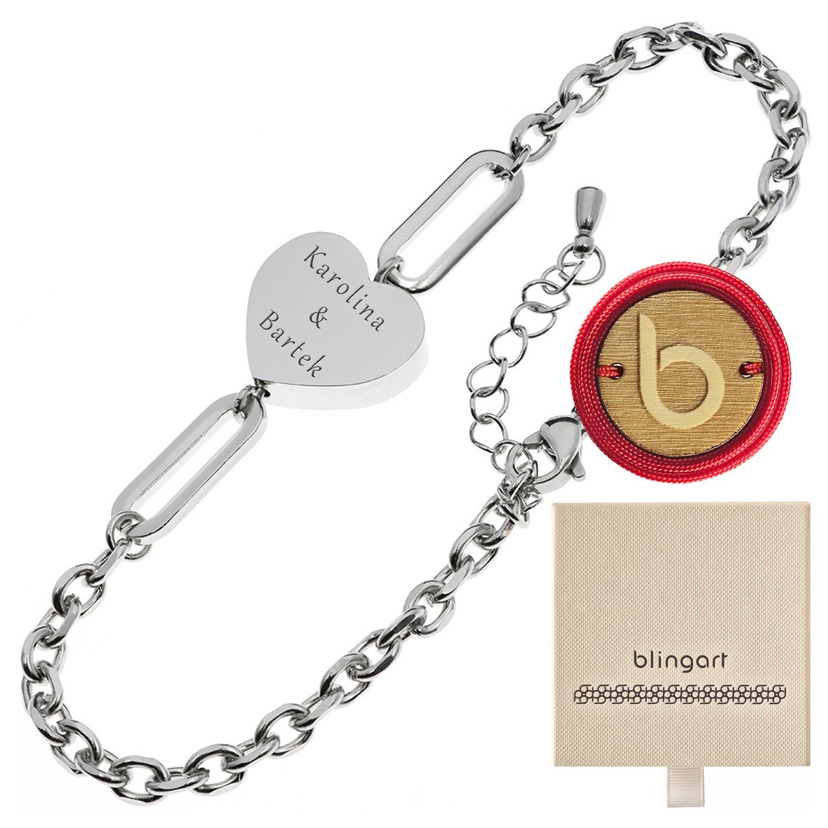 Bransoletka STALOWA łańcuszek srebrna serce GRAWER