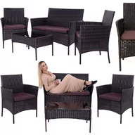 Meble ogrodowe - Meble ogrodowe technorattanowe komplet sofa, 2 fotele i stolik ze szklanym blatem brązowe - miniaturka - grafika 1