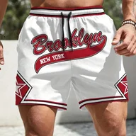 Inne - TEMU Męskie letnie spodnie na co dzień w stylu ulicznym z kieszeniami, nadrukiem „Brooklyn New ”, białe z czerwonymi i czarnymi akcentami, elastyczny - miniaturka - grafika 1