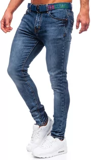 Spodnie męskie - Granatowe spodnie jeansowe męskie skinny fit z paskiem Denley RW85144W1 - grafika 1