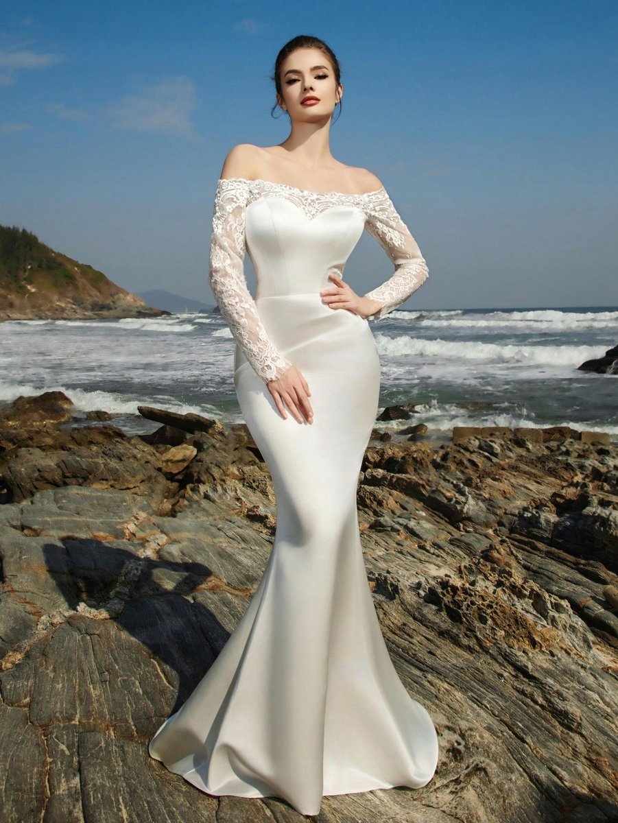 SHEIN ELEGANCKA SUKNIA ŚLUBNA SYRENA Z KORONKOWYMI RĘKAWAMI 36 11MA