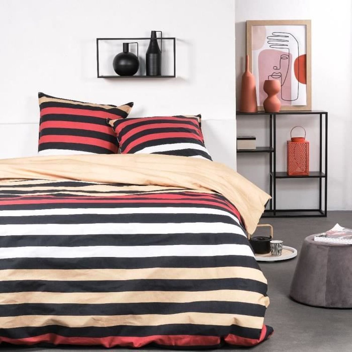Komplet pościeli - 240 x 260 cm - bawełna w paski z nadrukiem