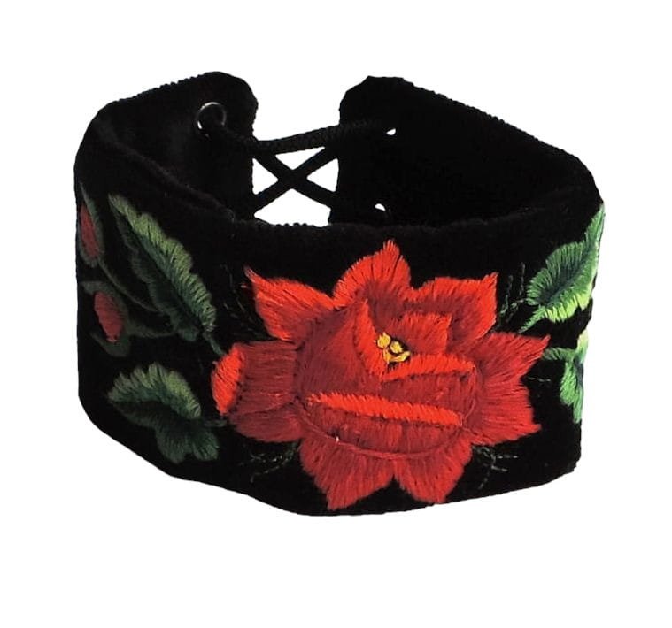 Czarna Bransoletka Folk - Haft Łowicki - Czerwona Róża Rękodzieło