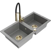 Zlewozmywaki z baterią - Mexen Mario zlewozmywak granitowy 2-komorowy z baterią kuchenną Aster, szary - miniaturka - grafika 1