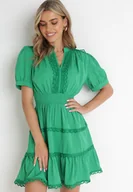 Sukienki - Zielona Rozkloszowana Sukienka Mini z Gumkami w Pasie z Koronkowymi Wstawkami Dalera - miniaturka - grafika 1