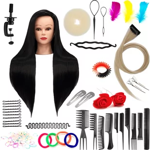 Zestaw główka treningowa Ilsa 80 Black, włos syntetyczny + 80 akcesoriów + uchwyt, fryzjerska do czesania, głowa do ćwiczeń - Główki treningowe - miniaturka - grafika 1