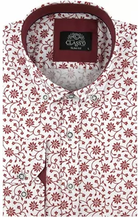 Koszule męskie - Classo Koszula Męska Elegancka Wizytowa do garnituru biała w czerwone kwiaty z długim rękawem w kroju SLIM FIT Classo C062 Koszula C062 - grafika 1