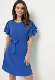 Sukienki - Niebieska Sukienka Mini z Krótkim Rękawem Rozkloszowana z Paskiem i Falbanami na Rękawie Silvaina - grafika 1