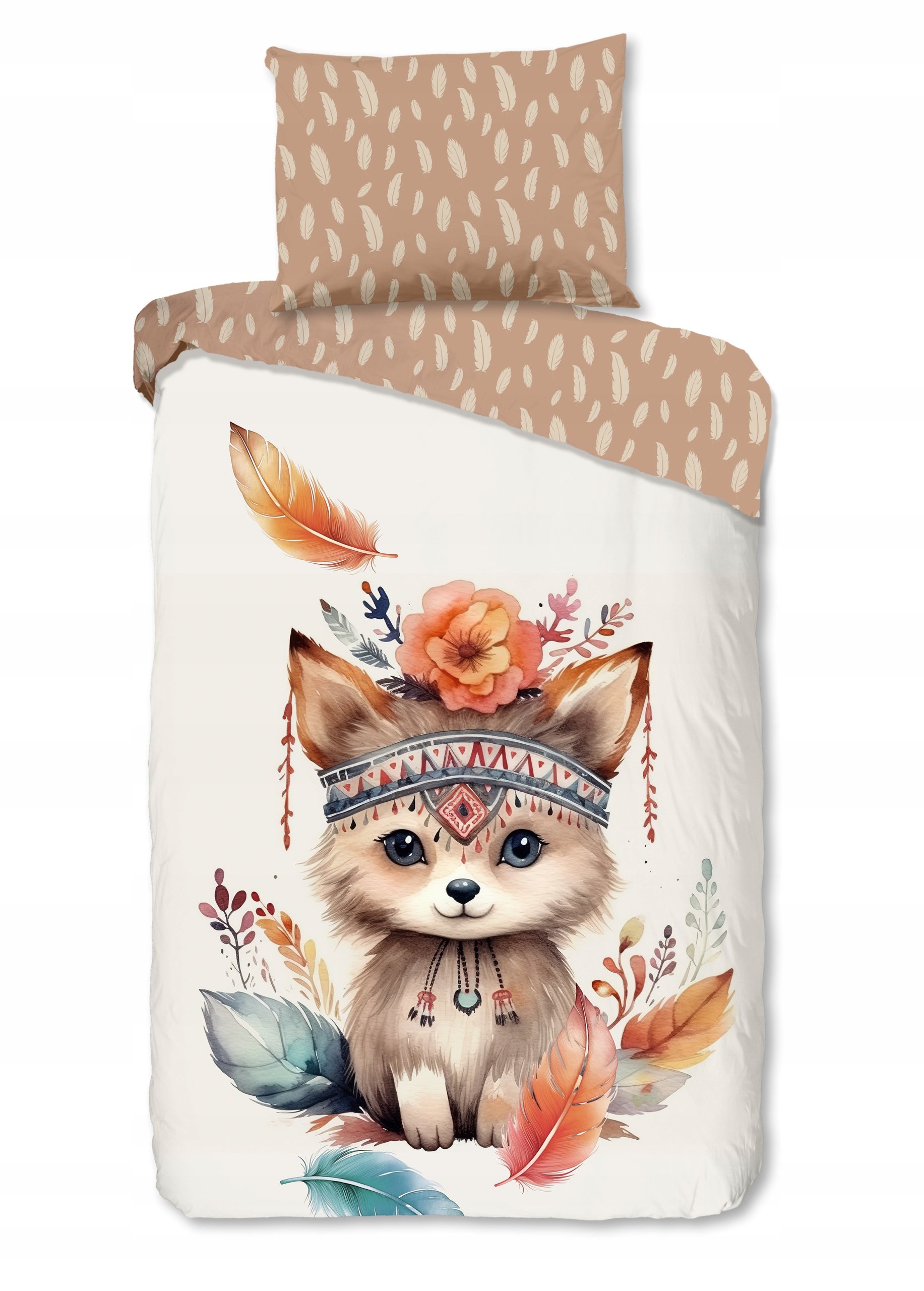 Pościel bawełniana dziecięca lisek lis 140x200 biała beżowa dla dziecka