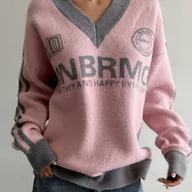 Swetry damskie - TEMU Sweter Vintage dla Kobiet – V-neck z Opadającymi Ramionami, Luźny Styl Uliczny na Jesień/Zimę, Casualowe Ubranie, Uroczy Sweter, Zimowa - miniaturka - grafika 1