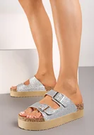 Klapki i japonki damskie - Srebrne Klapki na Grubej Podeszwie z Korkową Wstawką Ozdobione Brokatem Rlina - miniaturka - grafika 1