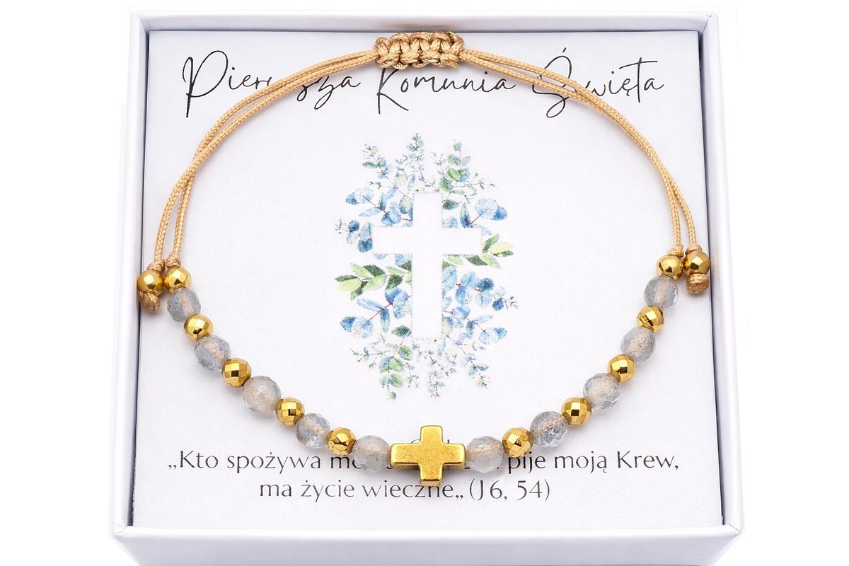 Bransoletka różaniec Labradoryt hematyt ręcznie robiona, prezent Komunia Święta