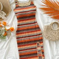 Sukienki - TEMU Kobieca Elegancka Sukienka Bodycon z Kwadratowym Dekoltem i Rozcięciami - Wzór w Kolorach Pomarańczowy/Biały/Czarny/Czerwony, Pranie Maszynowe, - miniaturka - grafika 1