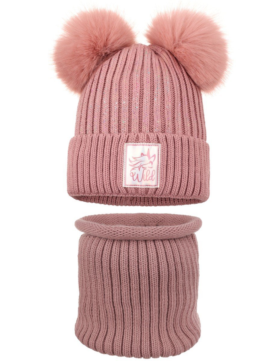 Dziewczęcy komplet zimowy komin i czapka pompony różowy Ambra r.46/48